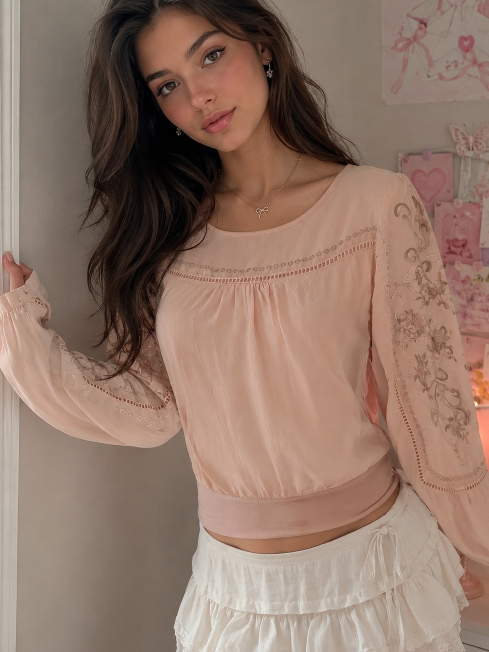 bebe Blush Pink Embroidered Long-Sleeve Peasant Top